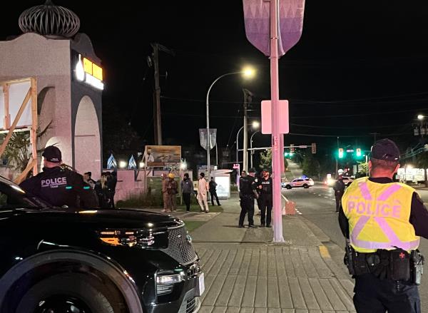 Police outside Guru Nanak temple hours after president Hardeep Nijjar was shot to death in the temple parking lot